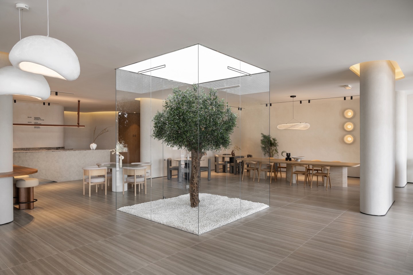 An artificial bespoke olive tree installed in The House Cafe, Dubai